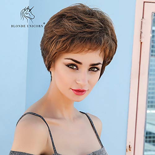Human Hair Wig Brown Short Pixie Cut Wig Wave Fluffy Synthetic Full Wig Layered Hair with Bangs for Women Cosplay