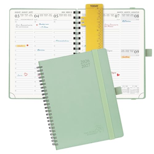 POPRUN Agenda 2026 2027 Semainier 22 x 16,5 cm D'Août 2026 à Déc 2027，Planner Vertical Scolaire 17 Mois avec Couverture Souple Spirale，Règle-signet，Papier 80g/m²,Vert