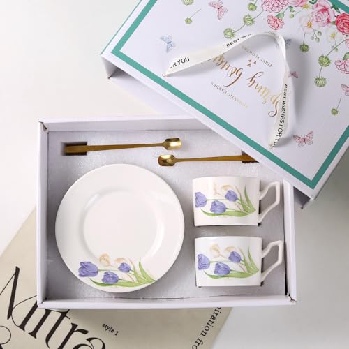 セット カップ&ソーサー チューリップ柄 ティーカップセット セラミック ウォーターカップ 可愛い コーヒーカップ 耐熱皿 来客用 自宅 結婚式 ?影小物 クリスマス 水 お茶 珈琲 アイスティー シンプル (A2)