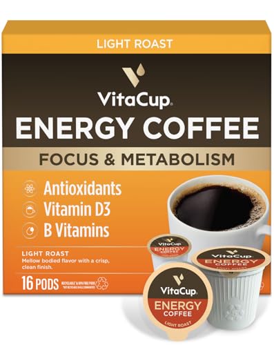 VitaCup Energy Light Roast Coffee Pods, Boost Focus & Metabolism, Antioxidants, B Vitamins, Crisp & Smooth,100% Arabica Coffee, Recyclable Single Serve Pod Compatible with Keurig K-Cup Brewers,16 Ct