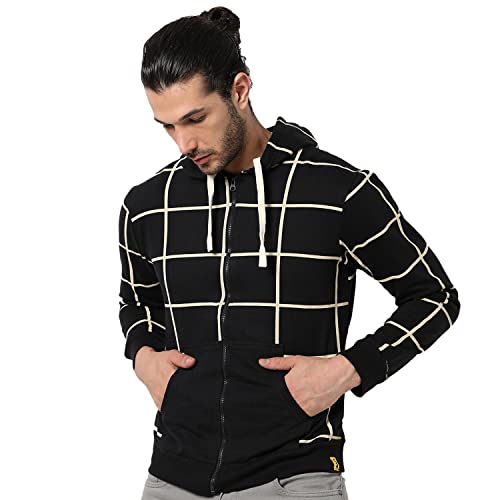 Image of CAHOOT Men's Dark Blue Zip-Front Hoodie with Contrast Drawstring for Casual Wear | Long Sleeve | Hooded Neck | Zipper Closure | Cotton Sweatshirt Crafted with Comfort Fit for Everyday Wear