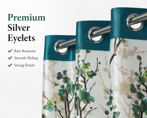 Image of Floral Printed Long Door Curtains for Living Room & Bedroom, Premium Polyester Eyelet Door Parde, Light Filtering & Privacy Curtains for Home, 9 Feet Long, Aqua Blue & White, Set of 3