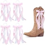 FineCheer 4 Pcs Pink Ribbon Boot Bow for Cowgirl Boots Lace Bows Clip Decor Removable for Wedding Women DIY Bridal Shower Reception Accessory Supplies Gifts