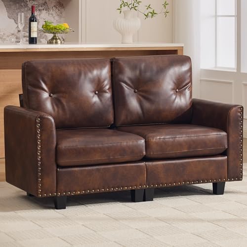 Image of 47.2 inch Faux Leather Modular Sectional Loveseat Couch, Vintage PU Leather 2 Seater Sofa with Nailhead Trim, Mid Century Modern Tufted Love seat Couches for Living Room, Bedroom, Office, Brown