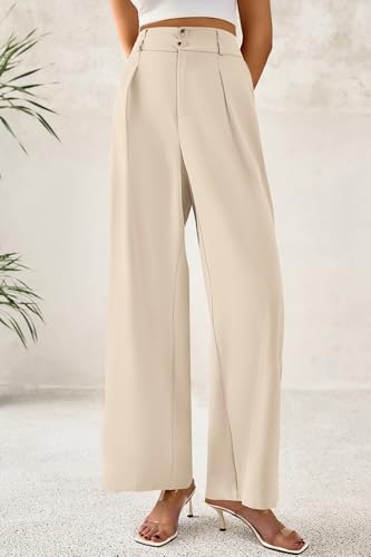 Image of CFLONGE Women Wide Leg Dress Pants High Waist Work Trousers Button Pleated Slacks Palazzo Pants Business Casual Outfits