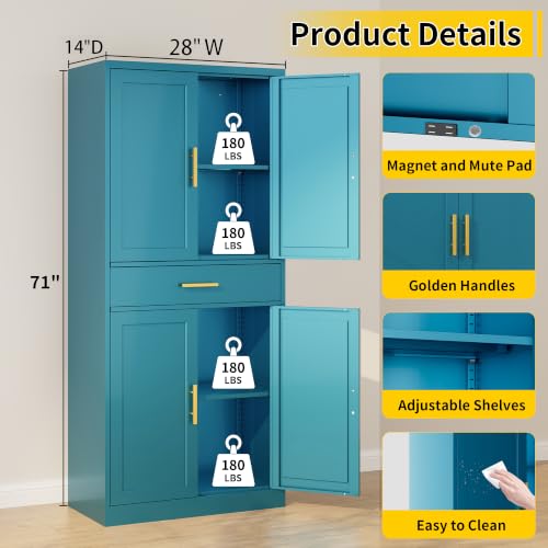 Image of Wanfu Metal Kitchen Pantry Cabinet, 71 inch Tall Kitchen Storage Cabinet with 1 Drawer, Doors and 2 Adjustable Shelves, Metal Storage Cabinet for Kitchen, Dining Room, Living Room- Blue