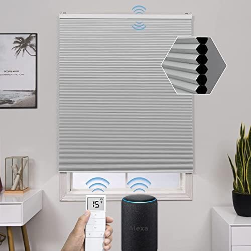 Graywind Motorized 100% Blackout Single Cell Cellular Shades Compatible with Alexa Cordless Remote Thermal Insulated Smart Shade with Valance, Customized Size (White)