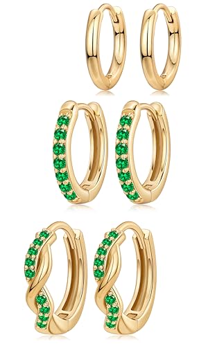 Inerney St Patricks Day Huggie Hoop Earrings for Women, Small Green 14K Gold Plated Earrings, Hypoallergenic Lightweight Emerald Irish Holiday Jewelry