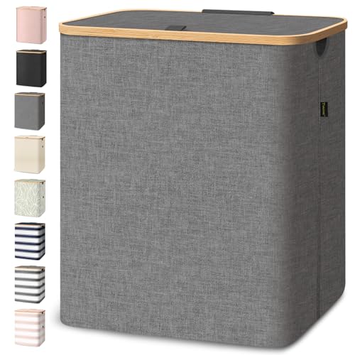BALEINE Laundry Hamper with Lid, Tall Laundry Baskets with Bamboo Pull Handles, Large Laundry Bin with Internal Support (36 Gal/140L, Grey) 140 liters Grey