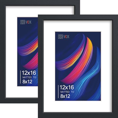 Image of VCK 12x16 Frame 2 Pack, Black Wood, 8x12 Mat, Glass, for Picture Prints