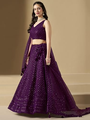 Image of Zeel Clothing Women's Sequins Thread Embroidered Georgette Lehenga Choli With Dupatta (5124-Women-Lehenga-Choli-New; Free size)