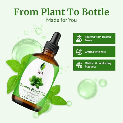 Image of SVA Sweet Basil Essential Oil, Glass Bottle with Dropper, 4 Fl Oz (118 ml) | Sweet Basil Essential Oil for Diffuser, Hair Care, Skin Care, Massage, Soap Making, Perfume Making, Fragrance & DIY Blending