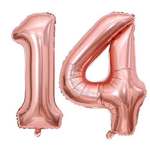 Image of 40 Inch Rose Gold 14 Number Balloons Giant Jumbo Huge 14 41 Foil Mylar Helium Number Digital Balloons Rose Gold Birthday Mylar Digital Balloons 14th Birthday Anniversary Events Party Decorations
