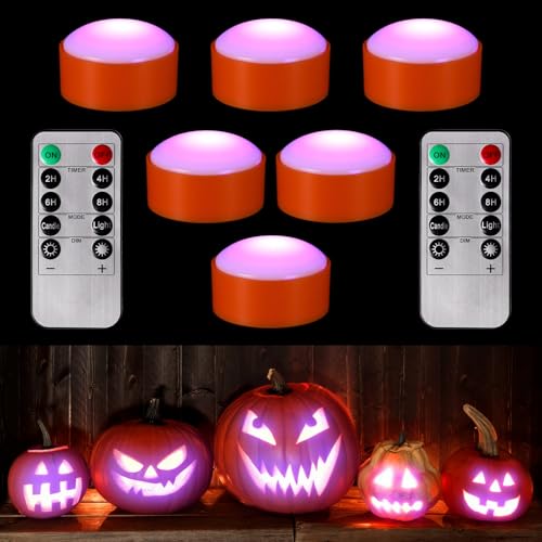Image of Riakrum 6 Pieces Halloween Remote Timer LED Lights with Remote Summer Halloween LED Pumpkin Lights Battery Operated Lantern Bright Flameless Candle(Orang, Purple Light)