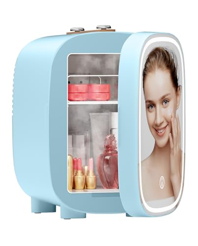 DF01A Mini Kosmetik Kühlschrank, 4L Mini-Kühlschrank mit 3-stufig LED Spiegel, Geräuscharm, Kleiner Hautpflege Kühlschra...