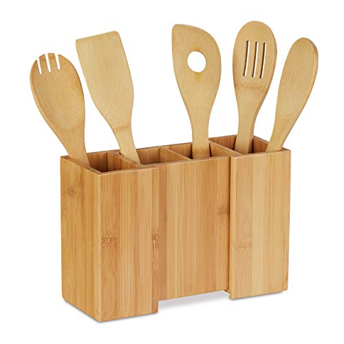 Relaxdays Küchenutensilienhalter aus Bambus, 5er Set Kochlöffel, ausziehbarer Besteckhalter HBT: 17, 17 x 25 x 10 cm, Natur