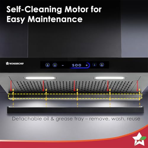 Image of Wonderchef Ultra Sleek 60cm Filterless Auto-clean Kitchen Chimney with Oil Collector, BLDC Motor, Suction 1800 m3 /hr, Motion Sensor + Touch Control, 15-Yr Warranty on Motor & 5-Yr Comprehensive, Black