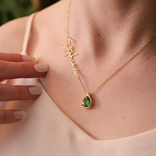 Birthstone Name Necklace Personalized for Women,Custom Sideways 18K Gold Plated Name Necklace Customized Letter Necklace Mom Birthday Christmas Gifts for Her