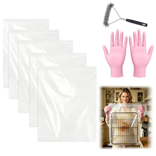 Taeafer 5 Pack Oven Rack Cleaning Bags - Oven Rack Cleaning Bags Kit With 5 Gloves & 1 Wire Brush, Reusable Leak-Resistant Pe Bags For Deep Soaking Bbq Racks, Grill Grates (39.4'X31.5')