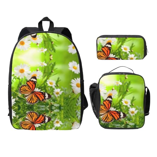 Sac à dos 3 pièces imprimé papillon avec boîte déjeuner et trousse