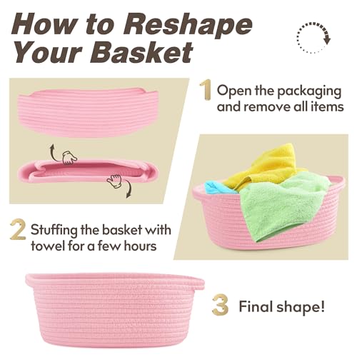 Image of Pro Goleem Small Woven Basket with Gift Bags and Ribbons Durable Baskets for Gifts Empty Small Rope Basket for Storage 12 inchX 8 inch X 5 inch Baby Toy Basket with Handles, Pink