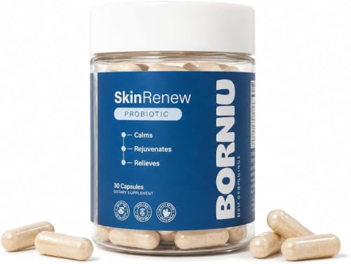 BORNIU Skin Renew Probiotics for Women & Men | 10 Billion CFU | Skin, Gut Health Supplement with 5 Strains & Prebiotic Inulin Fiber | Supports Digestive Health, Vegan, Non-GMO, Gluten Free | 30 Caps