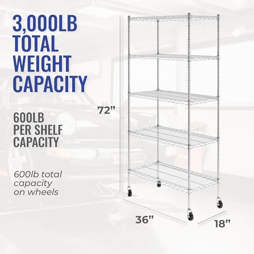 SafeRacks - NSF Certified Storage Shelves, Zinc, Heavy Duty Steel Wire Unit with Wheels and Adjustable Feet, Garage or Bakers Rack, Kitchen, Pantry Shelf - (18\"x36\"x72\" 5-Tier) (Silver) - Thumbnail 2