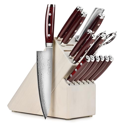 Yaxell Super Gou 16 Piece Knife Set - Made in Japan - 161 Layers SG2 Stainless Damascus, Gray Ash Block