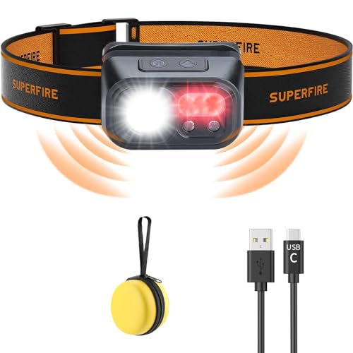 SuperFire LED Head Torch Rechargeable, 2000LM Super Bright Headlamp with Storage Box, USB C headtorch Sensor Control
