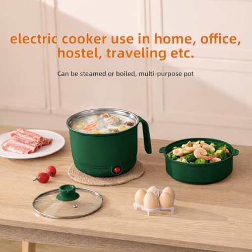Image of Electric Multipurpose Cooking Pot 1.2L with Steamer Basket & Glass Lid - Stainless Steel Inner Mini Cooker, Portable Hot Pot for Rice Noodles Soup Pasta | Travel Cooker for Home, Office, Hostel (Green)