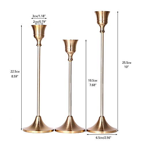 Mabor 3 peças de castiçal de latão dourado, suporte de vela cônica, para mesa de jantar, candelabro