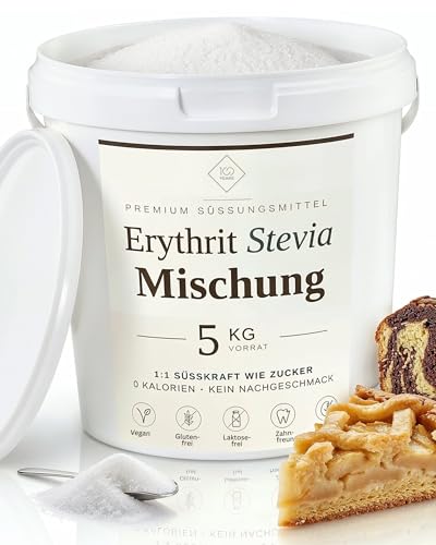 Erythrit Stevia Mischung 5kg Eimer Zuckerersatz ohne Kalorien mit 1:1 Süßkraft wie Zucker | Stevia Erythrit Mix ohne bitteren Nachgeschmack Kaffee & Getränke | Vegan Keto Low Carb