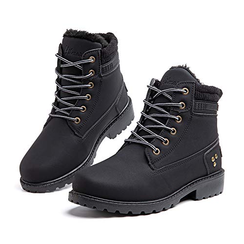 Hitmars Botas Invierno Mujer Cálidos Forradas Zapatos de Invierno Clásicas Moda Botas de Nieve Antideslizantes con Cordones Planas 3.2 CM 3 Negro Talla 39 EU