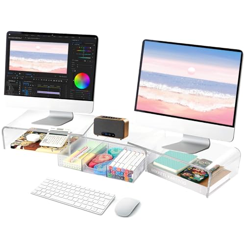 OPNICE Clear Acrylic Desk Organizers and Accessories, Dual Computer Monitor Stand Riser with Drawer, Desk Shelf for Monitor, Workspace Desktop Organization for Office Supplies