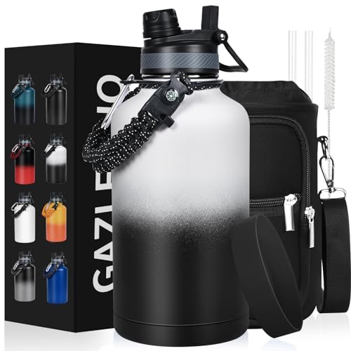 Image of GAZLEMHO Insulated Water Bottle 64 oz, Half Gallon Water Jug Cold 48H, BPA Free Stainless Steel Bottles with Straw /Chug 2-in-1 Lid, Bag, Paracord Handle, Silicone Boot, Sports Gym School Metal Flask