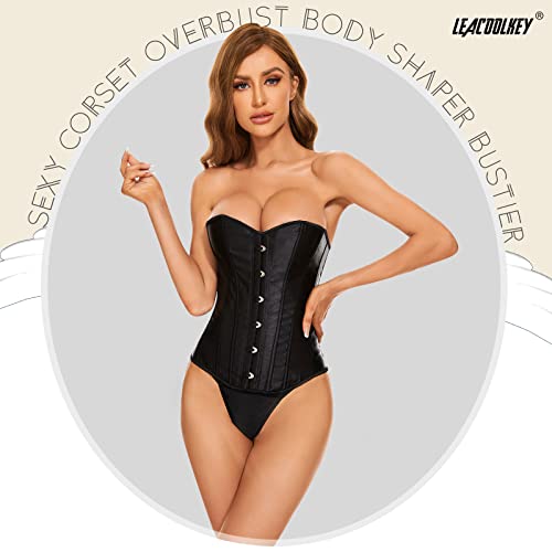 Leacoolkey Women Black Bustier Corset Top Boned Overbust Lace-Up Waist Cincher Corset Lingerie Shapewear Halloween Costume #TOP4