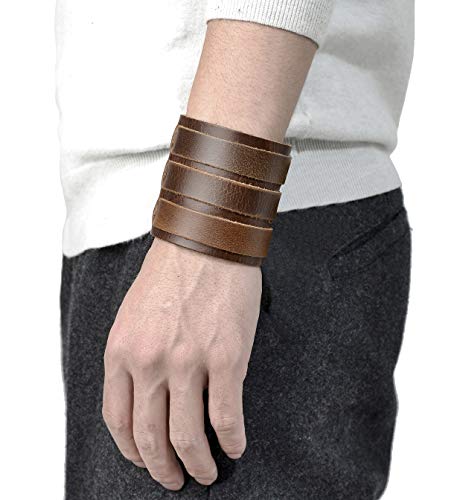 Tornito 1-2Pcs Genuine Leather Bracelet Punk Spike Studded Rivet Braided Chain Biker Bangle Three Wide Strap Gauntlet Wristband For Women Men Black Brown Size Adjustable2
