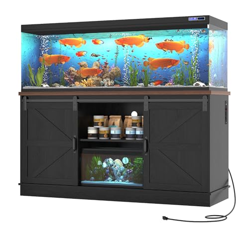 Image of Hlivelood Farmhouse 75-120 Gallon Fish Tank Stand with Power Outlet, Aquarium Stand w /Cabinet&Sliding Barn Door, Heavy Duty Reptile Tank Stand for Fish /Turtle /Reptile Terrarium, 1000LB Capacity, Black