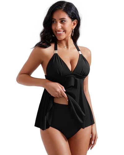 RXRXCOCO Women Halter Tankini Swimsuits Tummy Control Swimsuit Flowy V Neck Bathing Suits2