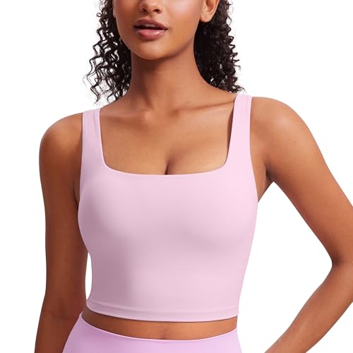 Image of CRZ YOGA Butterluxe Square Neck Crop Tank Top | Light Support, Removable Pads, Yoga, Extremely Soft, Wide Straps, Longline Sports Bras for Women
