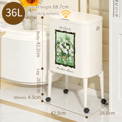 Image of MRBIN Metal Motion Sensor Kitchen Trash Can with Wheel Legs, Slim Waste Basket with Lid, 36L / 9.5gal Pet Proof Tall Narrow Garbage Pail for Vanity, Bathroom, Bedroom, Living Room, White Rose