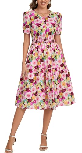 Image of Kormei Women Summer Casual Boho Floral Round Neck Short Sleeve Smocked Waist Tiered Flowy Swing Midi Dress