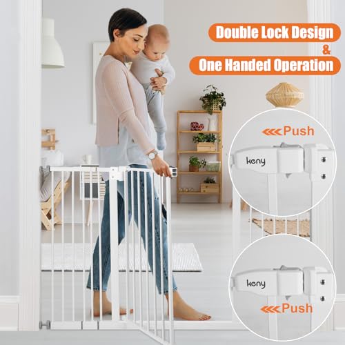 Image of keny 29 inch-47.3 inch Extra Wide Baby Gate for Stairs, Auto Close Safety Dog Gate | Pressure Mounted No Drilling Pet Gate for Doorways, Easy Walk Through Stair Gate for Kids Todder, 30 inch Tall, White