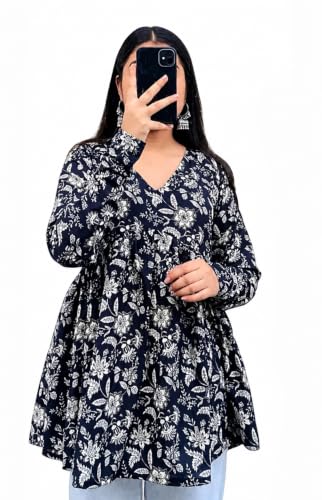 Image of Women's V Neck Short Kurti for Women | Floral Printed Cotton Blend Kurti | Full Sleeve Flared Tunic Top | Casual Ethnic Kurta Top for Women | Stylish Kurti with Jeans