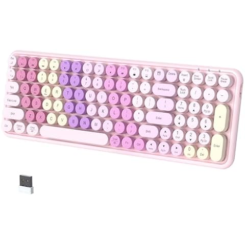 COVEVA Wireless Bluetooth Keyboard, Bluetooth & 2.4G Dual Mode Keyboard, Connect up to 3 Devices Simultaneously, Portable 100-Key Typewriter Retro Round Keycaps Keyboard(Rainbow Pink) Cover