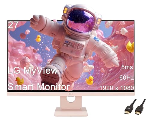 Image of LG 27 MyView Smart Monitor, FHD IPS, 5ms, 60hz, WebOS 23, Built-in Speakers, ThinQ Home Dashboard, AirPlay 2, Screen Share, Bluetooth, HDR10, Flicker Safe, Reader Mode, Pink, with 5ave HDMI