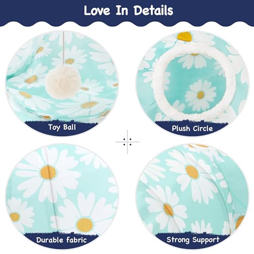 Image of Tempcore Cat Tunnel for Indoor Cats, 3 Way Collapsible Pet Play Tunnel with Teaser Wand, Peek Holes & Hanging Ball, Interactive Tube for Kittens & Rabbits, Daisy Blue Printed