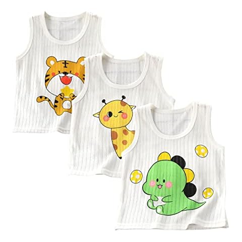 WOOKIT 3-Pack Baby Kids Boys Girls Summer Sleeveless Vests Toddler Tank Tops T-Shirts Undershirts for Age (9M-7T), Pure Cotton | Cartoon Print | Thin | Soft | Breathable (Height 80-90cm)-A Cover