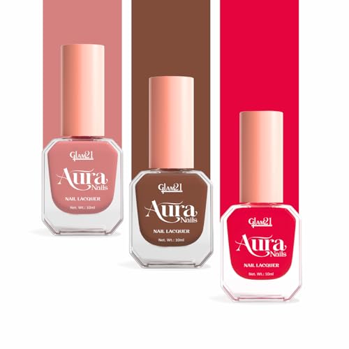 Image of Glam21 Aura Nails Nail Lacquer |Long-Lasting, Quick-Dry, High-Shine Nail Enamel|Chip-Free Formula|Smooth Application & Vibrant Finish| 10ml Pack Of 3 (luxe Nude, Barely Brown & Pink Mirage)