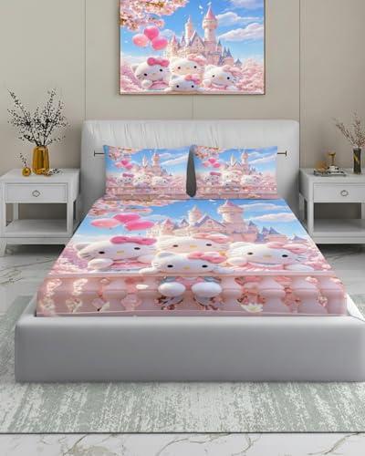 Image of 7D Flat Bedsheet 400TC Sheet Set, Kids Design bedsheet, Floral Design, Decorative Bedding with Daisy Pattern, Kids Room Decor, 90X100 Inch (Pink House)